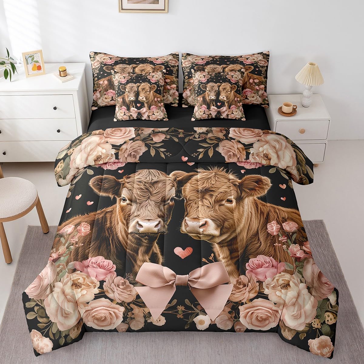 Erosebridal Highland Cow Bedding Set Romantic Roses Valentine's Day Queen Comforter Set 7 Piece for Men Women,Farm Animal Couple Bed in A Bag Pink Flowers Bow Bed Set Room Decor