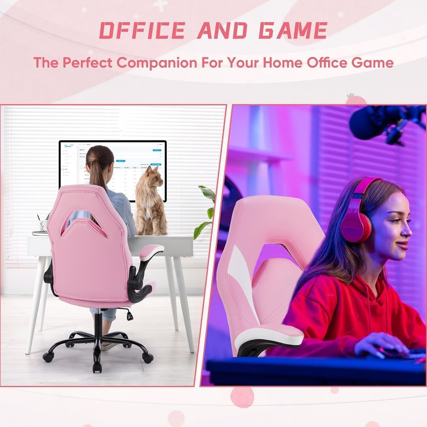 OLIXIS Computer Gaming Desk Chair - Big and Tall Ergonomic Lumbar Support with Flip-up Armrest and 360° Swivel Wheels, PU Leather Height Adjustable, for Home and Office, Pink and White