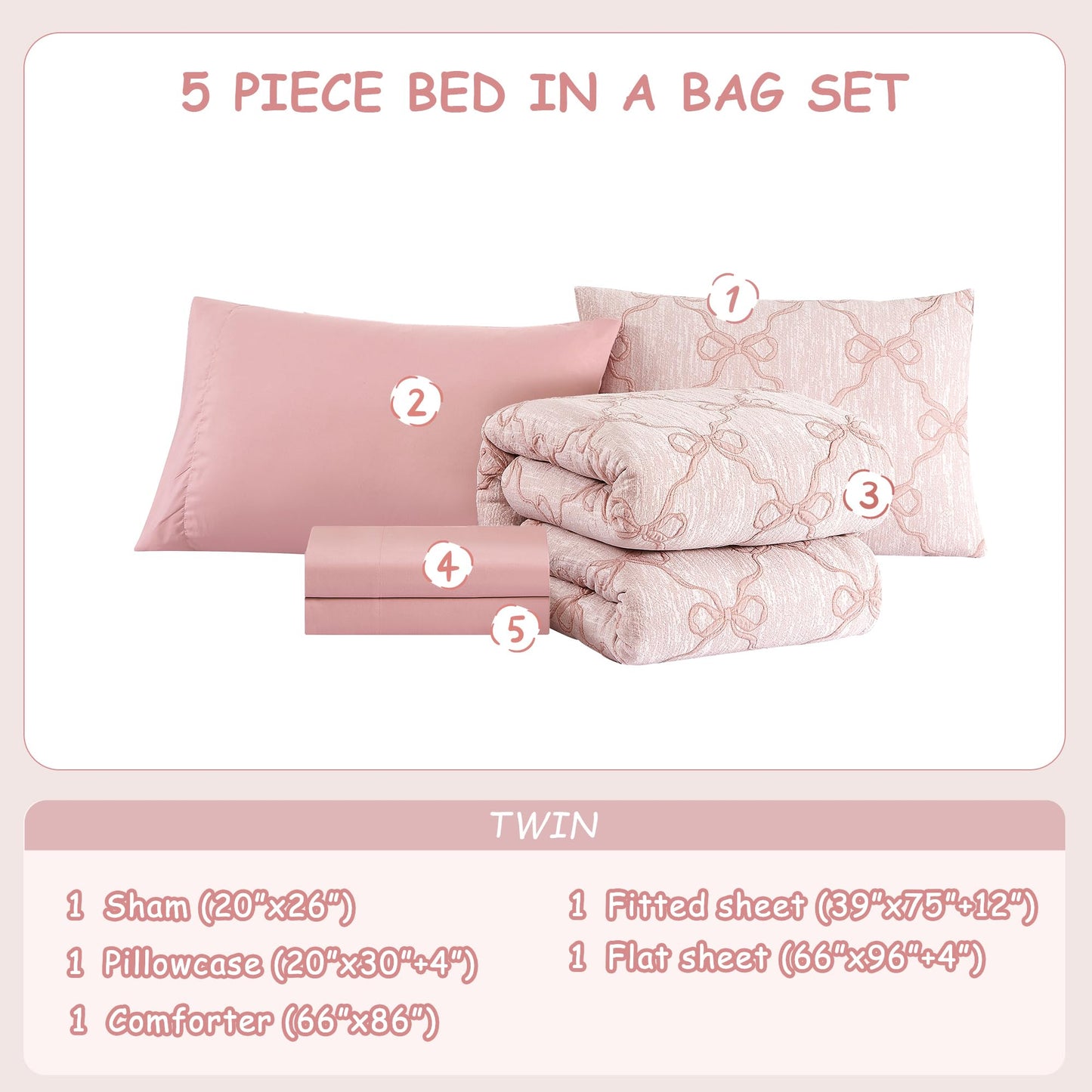 Wink Deer Twin Comforter Set with Sheets for Girls-5 Pieces Twin Bedding Sets with Pink Comforter, Sheets, Pillowcase & Sham for Kids (Pink Diamond, 66" X 86")