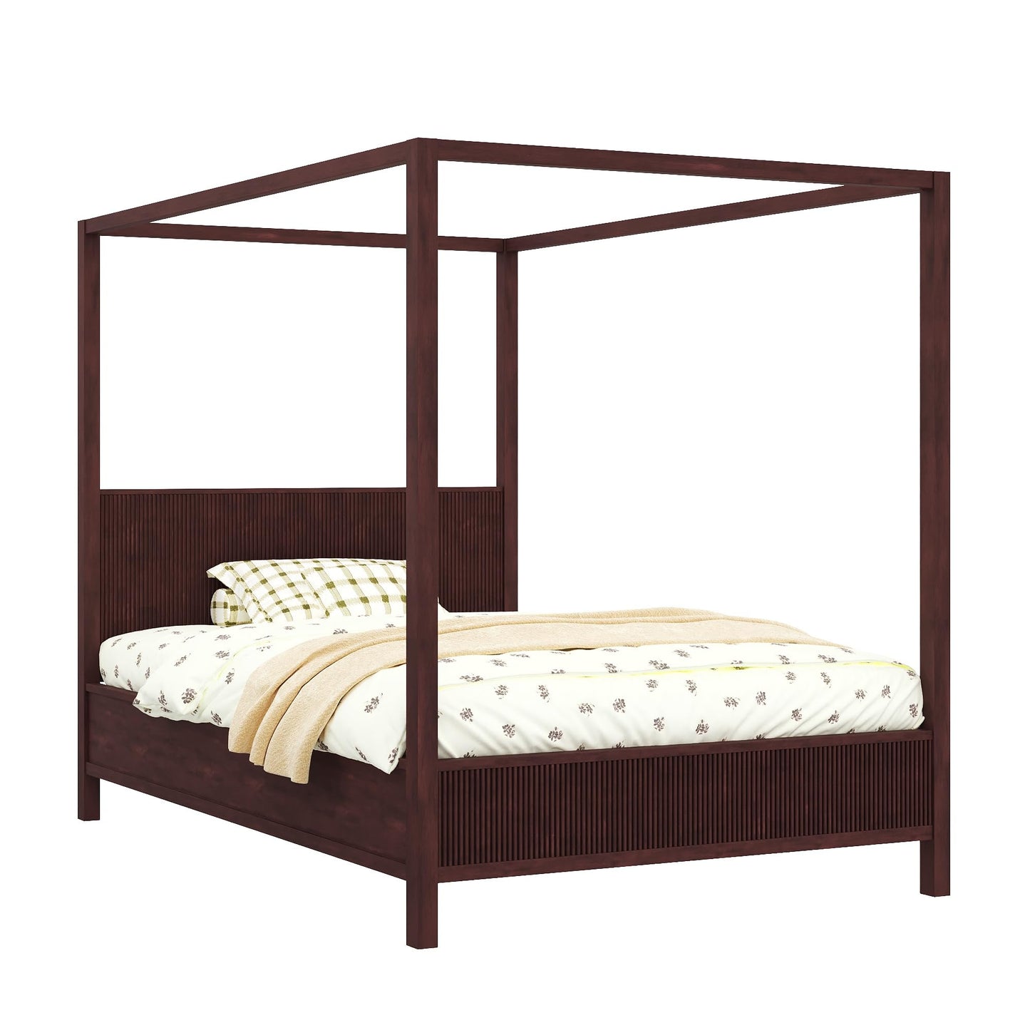Espresso Solid Wood Canopy Bed Frame Queen Size with Headboard Four-Posters Bed, 6" Under Bed Storage Wooden Platform Frames, 12- Leg ＆ 10-Slat Support, No Box Spring Needed (Espresso, Queen, 75.5"H)