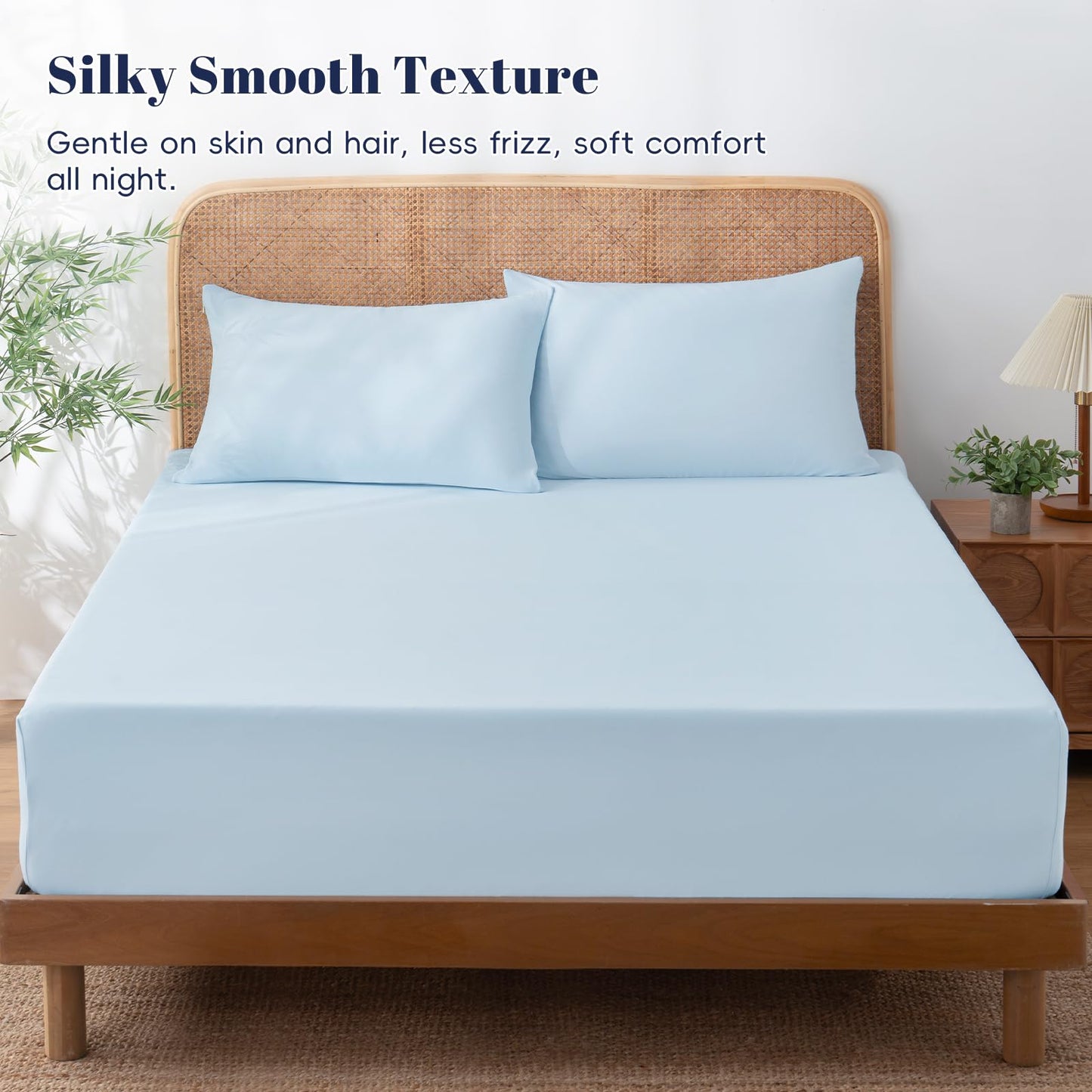PHF Cooling Fitted Sheet Set Queen Size for Hot Sleepers, Q-Max > 0.4, Silky Soft & Breathable, Ideal for Night Sweats & Summer, 1 Fitted Sheet & 2 Pillowcases, Fits Up to 16", Ice Blue