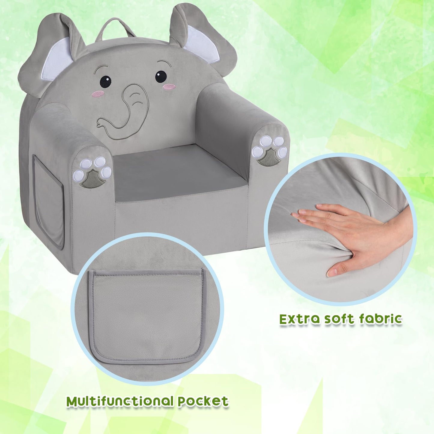 ALIMORDEN Animal Kids Chair, Toddler Sofa for Ages 1-6, Sherpa Kids Lounge Chair with Carry Handle, Washable Cover, High-Density Foam, No Assembly Required Plush Kids Seating (Elephant)