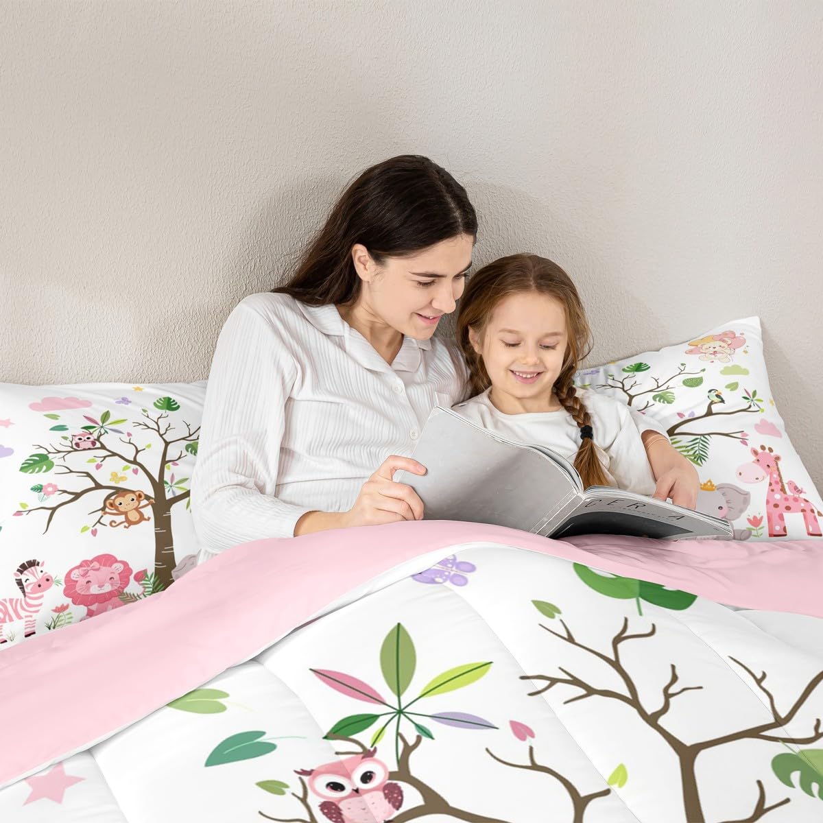 Erosebridal Pink Wildlife Comforter Set Twin Size Woodland Animals Bedding Set for Kids Girls BoysLion Giraffe Elephant Zebra Comforter Nature Safari Quilt Bedroom Decor
