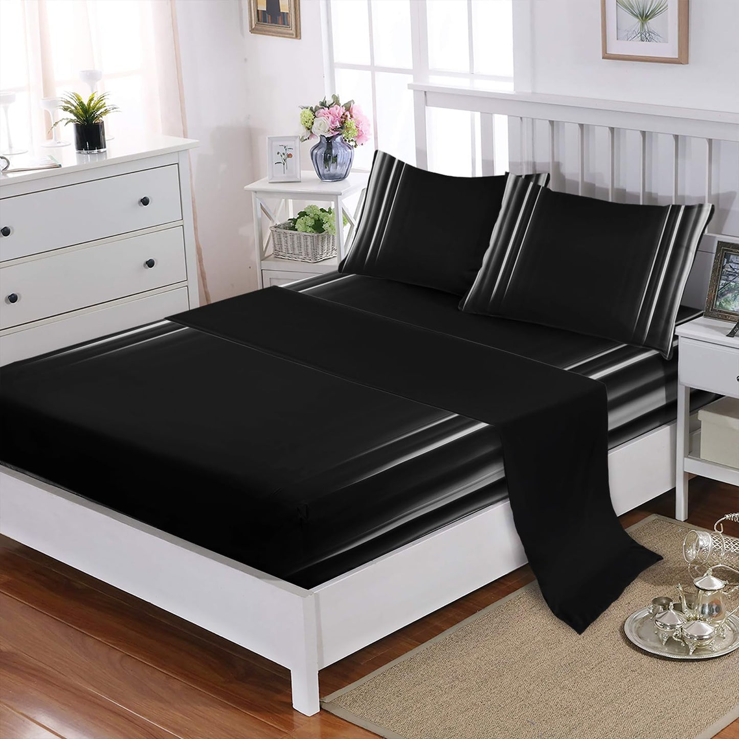 Nttopship White and Black 4 Pieces Bed Sheet SetsQUEEN Size Abstract Ombre Bedding Sets with 16" Deep Pockets Abstract Ombre Bedroom Decor,Bedding Set 4 PCS(1 Fitted+1 Flat+2 Pillowcases)