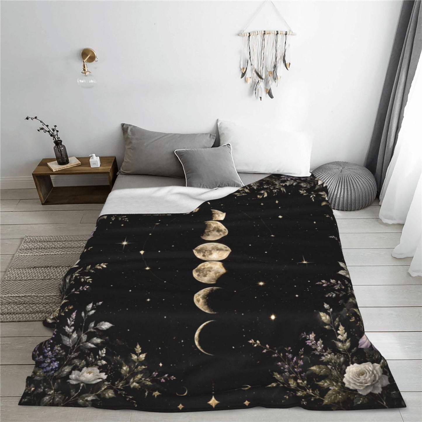 TZJCCMAY Moon Phases Blanket for Kids Women Adults, Gothic Floral Throw Blankets, Soft Lightweight Fleece for Bed Sofa Home Living Room Decor, Birthday Gifts, 50x60in