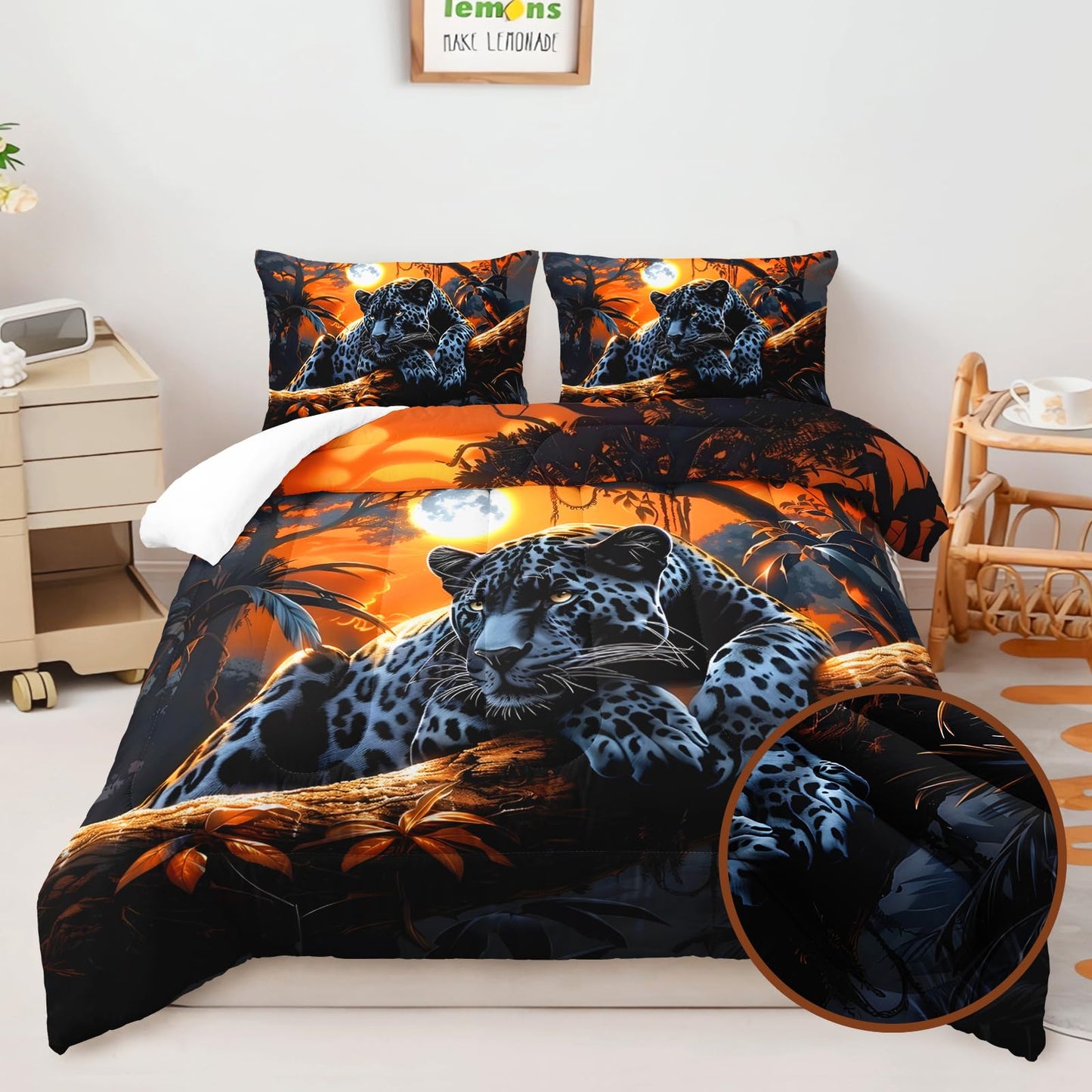 AILONEN Black Panthers Print Comforter Set Queen Size, Safari Leopard Theme Bedding Set for Room,Forest Animal Soft Mirofiber Comforter with 2 Pillowcases,3Pcs