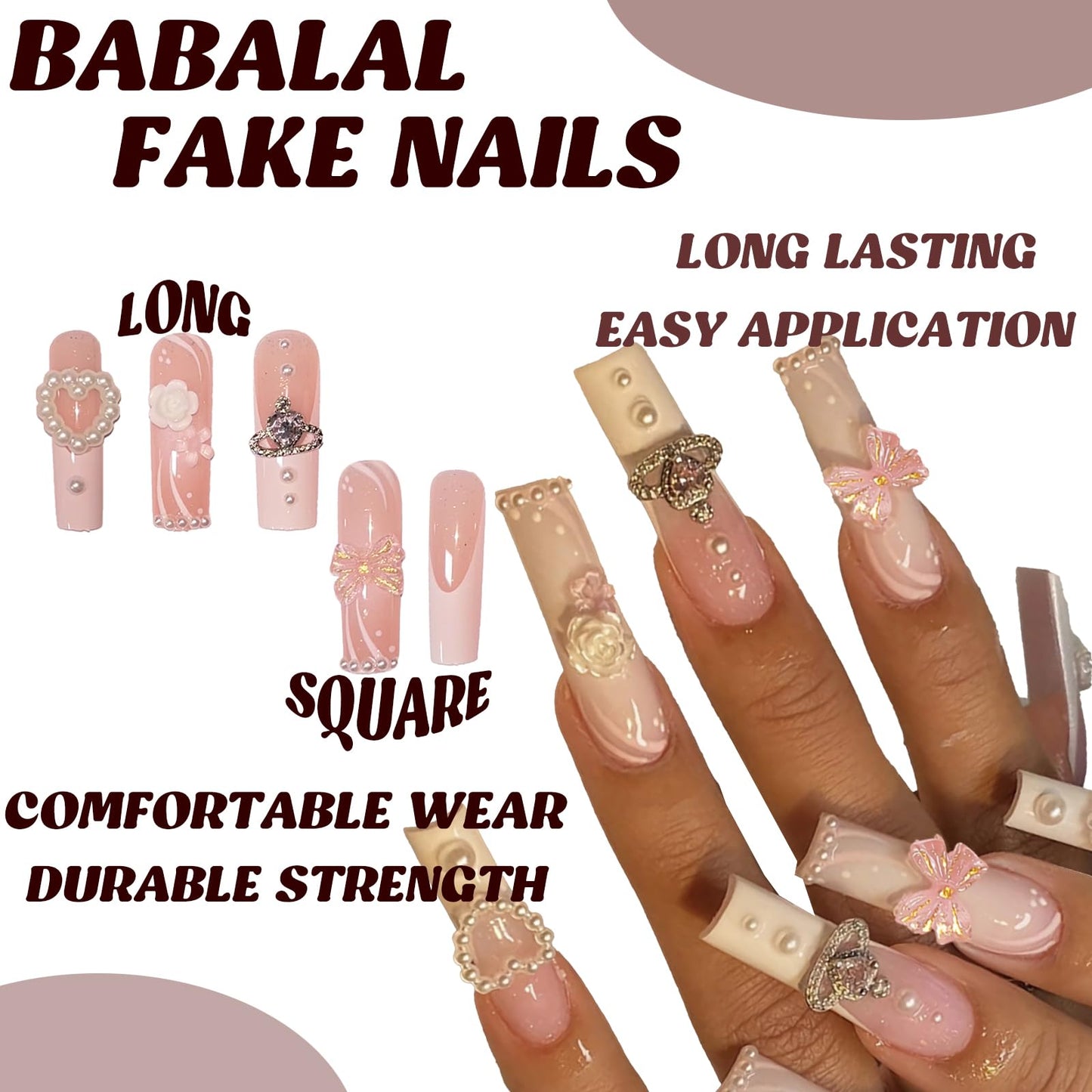 BABALAL Long Square Press on Nails, Pink White French Tip 3D Flower Bow Rhinestone Glitter Design Acrylic Nails Squoval for Women and Girls 24 Pieces