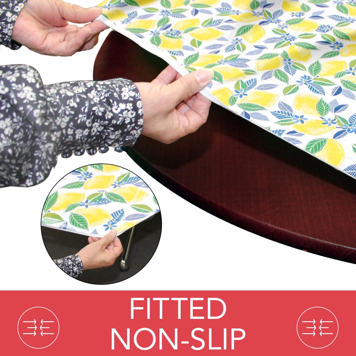 Covers For The Home Deluxe Elastic Edged Flannel Backed Vinyl Fitted Table Cover - Contemporary Lemon Pattern - Extra Large Round Oblong Oval - Fits Tables up to 57" - 65"