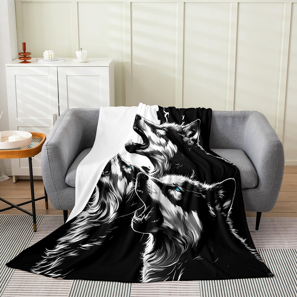 Erosebridal Howling Wolf Blanket 40x50 Inch,3D Animal Print Throw Blanket for Boys,Safari Wild Wolf Fleece Blanket Warm,Rustic Wildlife Fuzzy Blanket for Bedroom