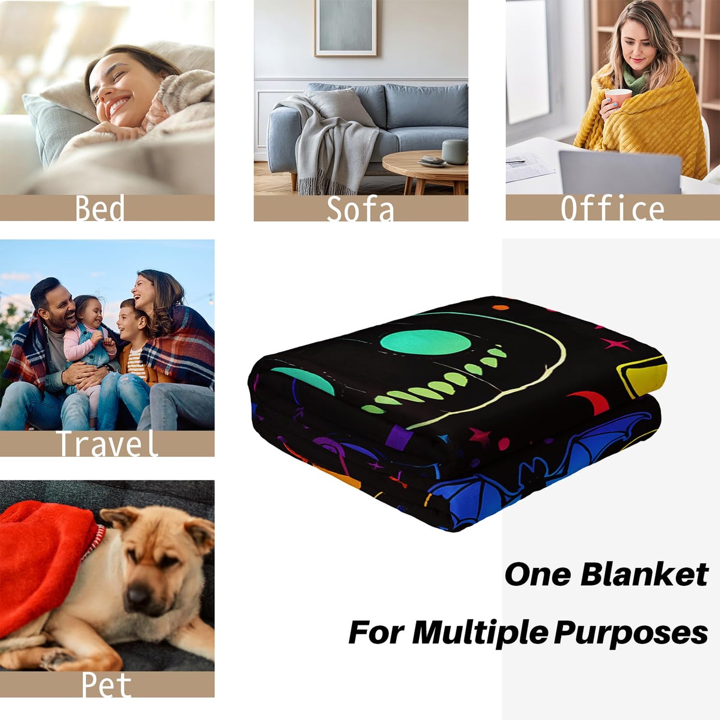 HOSIMA Halloween Blanket,Different Pumpkin Heads Print Warm Cozy Flannel Fleece Blanket for Boys Girls Couch Bedroom Decor,Fun Halloween Pumpkin Decorations,59L*47W.