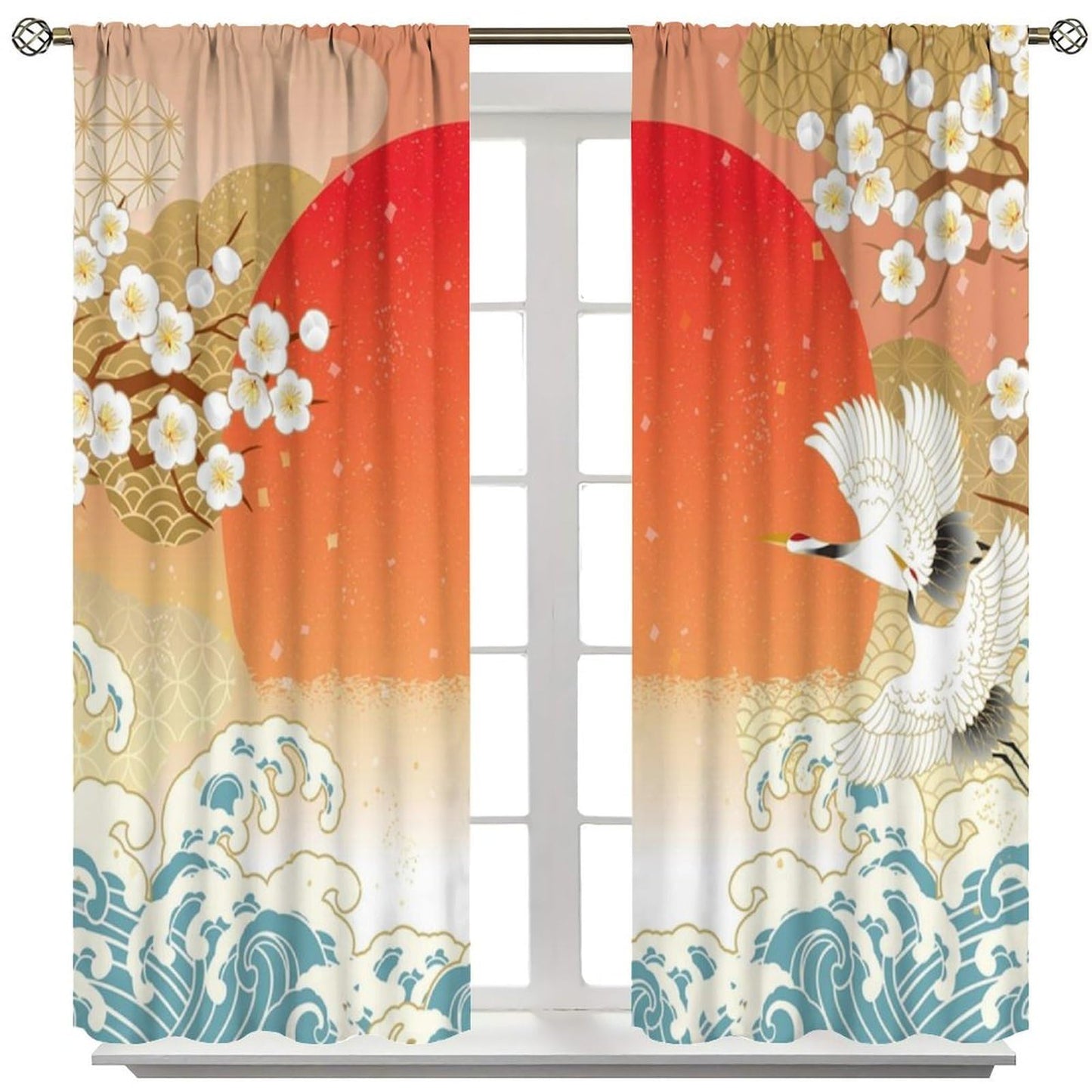 Japanese Floral Crane Curtain, Orange White Plum Blossom Flying Cranes Teal Waves Red Sunset Theme Print Decor Rod Pocket Window Drapes, for Bedroom Living Room 42" W X 45" L