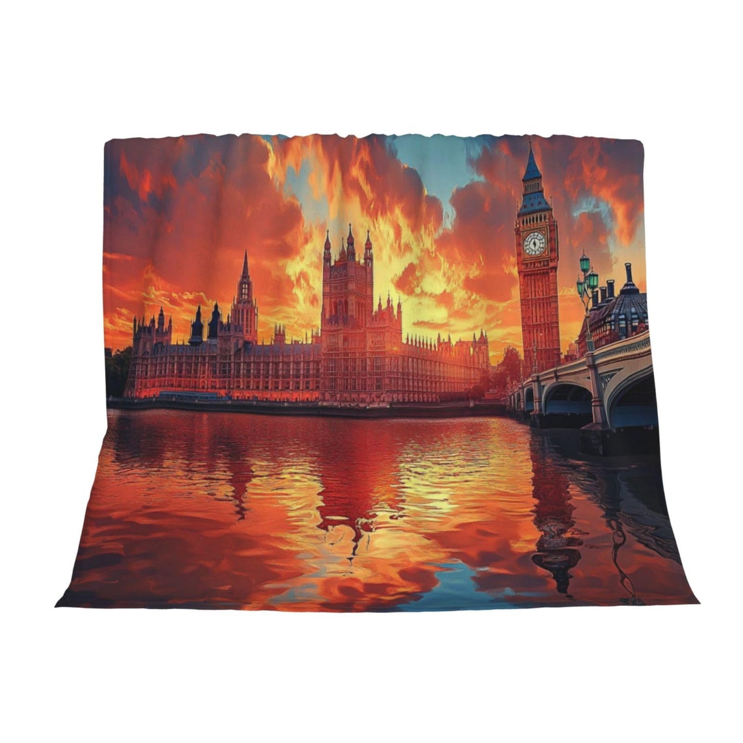CDSASHCA Ultra-Soft Micro Fleece Blanket,London Skyline At Sunset With Big Ben,Thames Reflection Art,Lightweight Warm For Couch Bed,Hypoallergenic Anti-Pilling,Machine-Washable Travel Decor 50X60 Inch