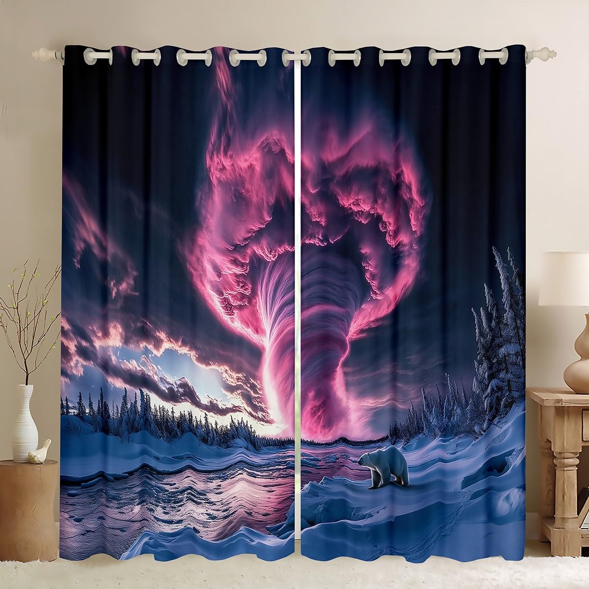 Erosebridal Pink Tornados Curtains 38" Wx45 L,Polar Bear Window Curtains Drapes for Kids Teens Adults,Natural Storm Room Decor