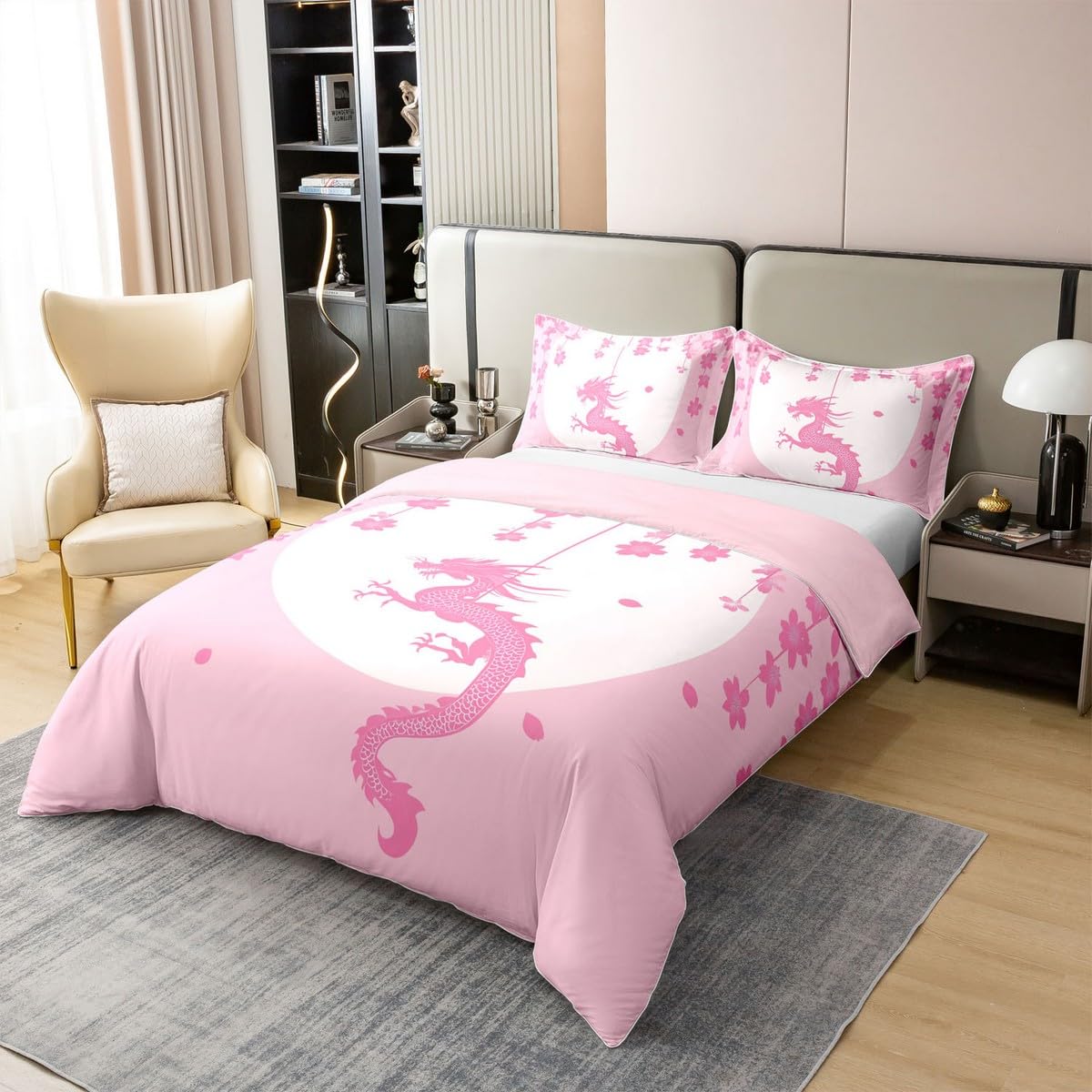 Erosebridal Pink White Kawaii Comforter Cover Twin Size 100% Cotton for Kids Girls Teen Women,Fantasy Animal Dragon Duvet Cover Magical Wildlife Bedding Set Aesthetic Romantic Cherry Blossom Bed Set