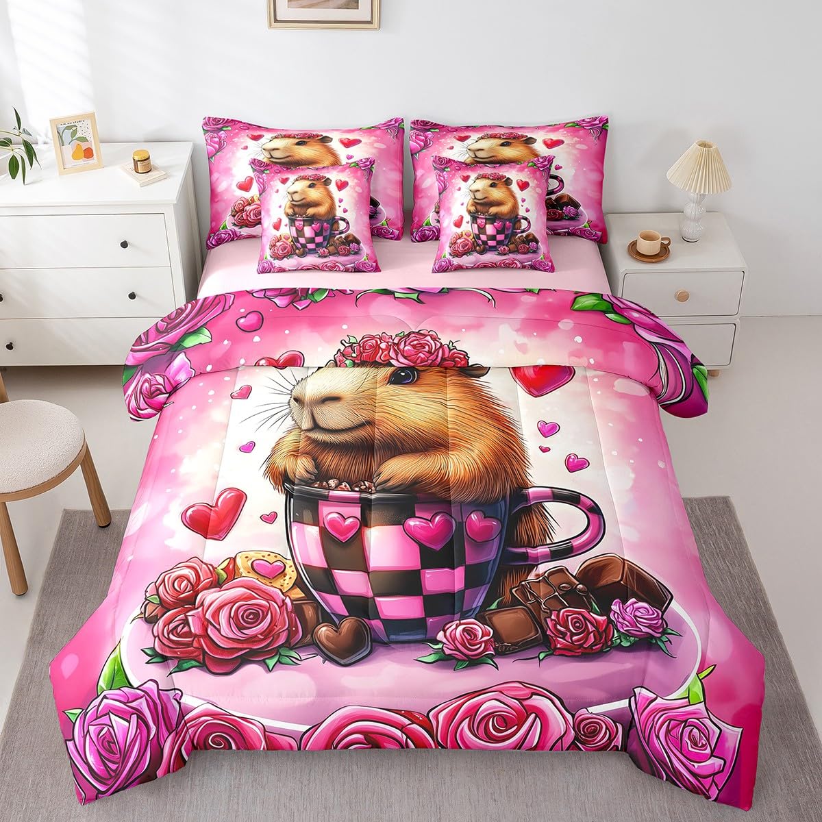 Feelyou Kids Valentine's Day Comforter Set with Sheets Queen Size, Rose Bed in A Bag Love Heart 7 Pieces Bedding Set Boys Girls Romantic Teens Bed Set Bedroom Decor 7Pcs