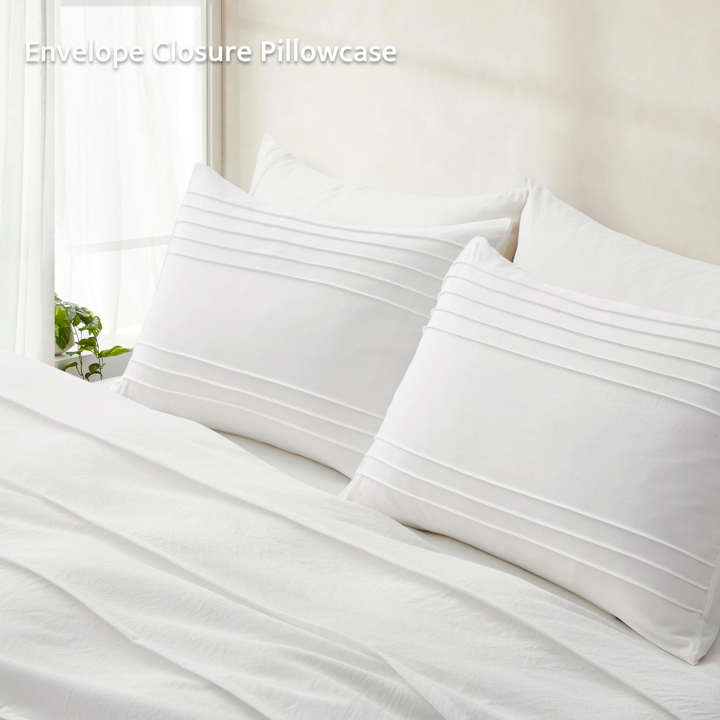 Oli Anderson White Duvet Cover Queen Size - Pleated Queen Duvet Cover, 3PCS Soft and Breathable Textured Bedding Set with Zipper Closure(White,90"x90")