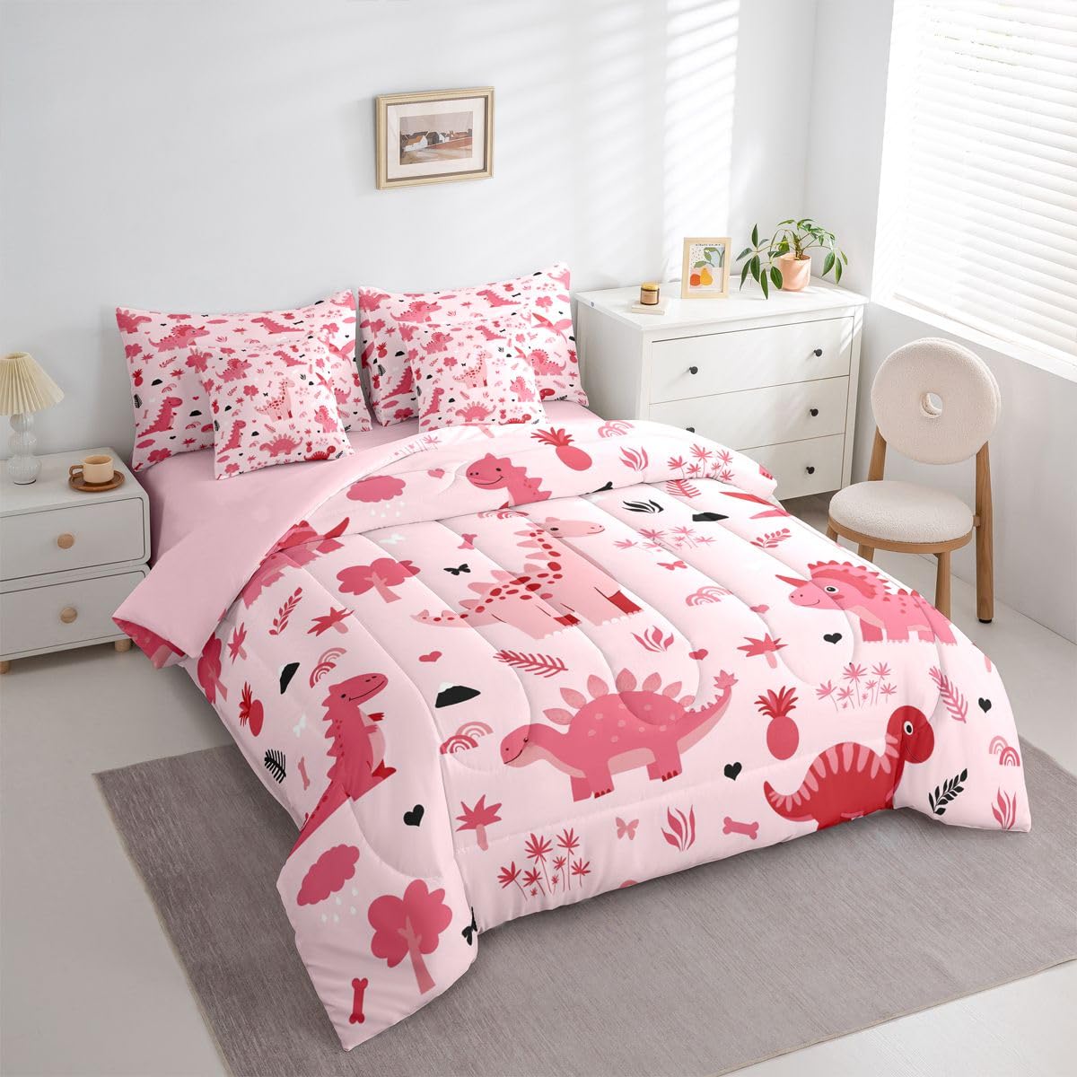 Feelyou Kids Pink Dinosaur Full Comforter Set with Sheets for Kids Boys Girls Cute Dinosaur 7 Pieces Bedding Set Cartoon Animal Bed in a Bag Room Decor Soft Lightweight Microfiber