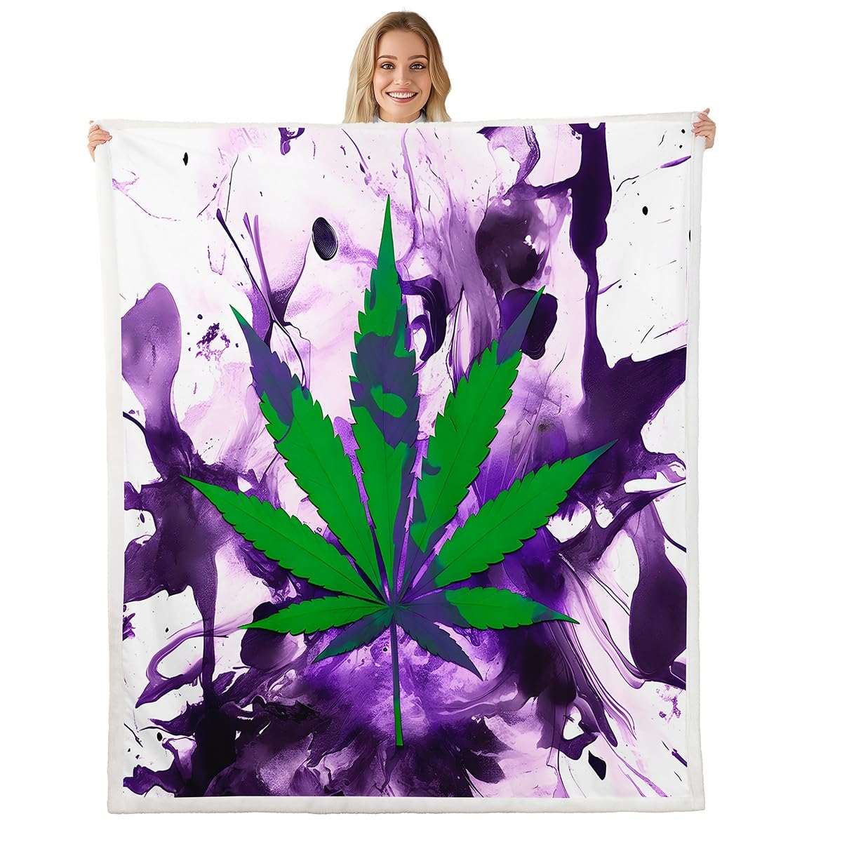 Chic Marijuana Weed Sherpa Fleece Blanket for Bed, Sofa, Couch - Green, Purple Tie Dye - 50"x60"