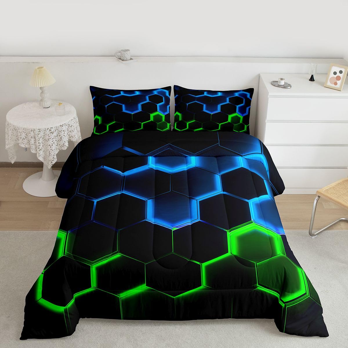 Castle Fairy Honeycomb Bedding Comforter Set Twin Size,Hexagon Theme with Green Blue Neon Lights Quilt Set,Boys Teen Man Chic Creative Home Bedding Set 2pcs Duvet Insert with 1 Pillowcase,Black