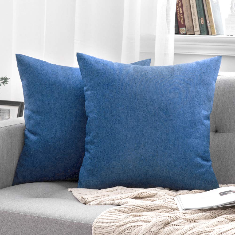MIULEE Pack of 2 Decorative Outdoor Solid Waterproof Throw Pillow Covers Faux Linen Garden Farmhouse Coastal Cushion Cases for Summer Patio Tent Balcony Couch Sofa 18x18 Inch Blue