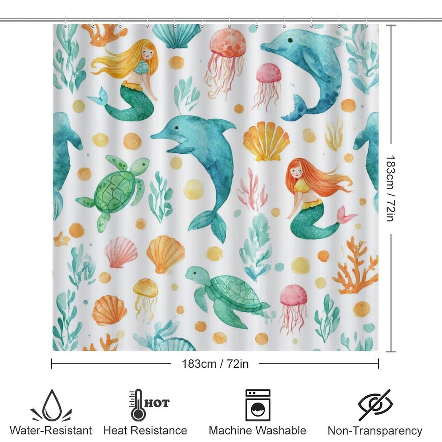 INSFBRB Cartoon Cute Dolphin Shower Curtain Sets with Rug,Toilet Lid Cover and Bath Mat,Watercolor Colorful Sea Dolphins Sea Turtle Jellyfish Seashell Mermaid 4 Piece Bathroom Set