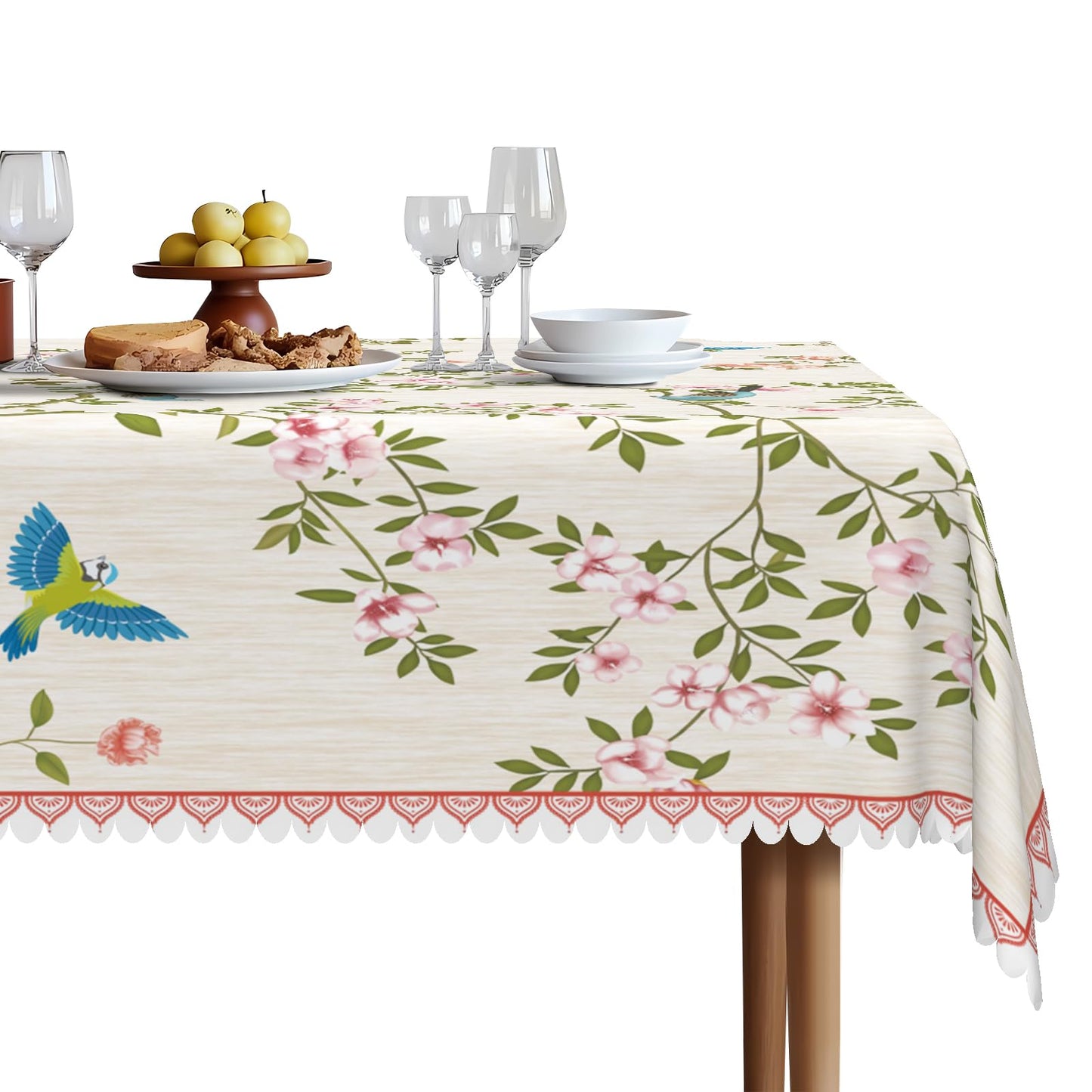 Waterproof Canvas 60 x 84 Inch Rectangle Table Cloth, Floral and Birds Pattern Stain Resistant Summer Outdoor Tablecloth, Heavy Duty Washable Dining Table Cover for Farmhouse, Dinner, Picnic, Party