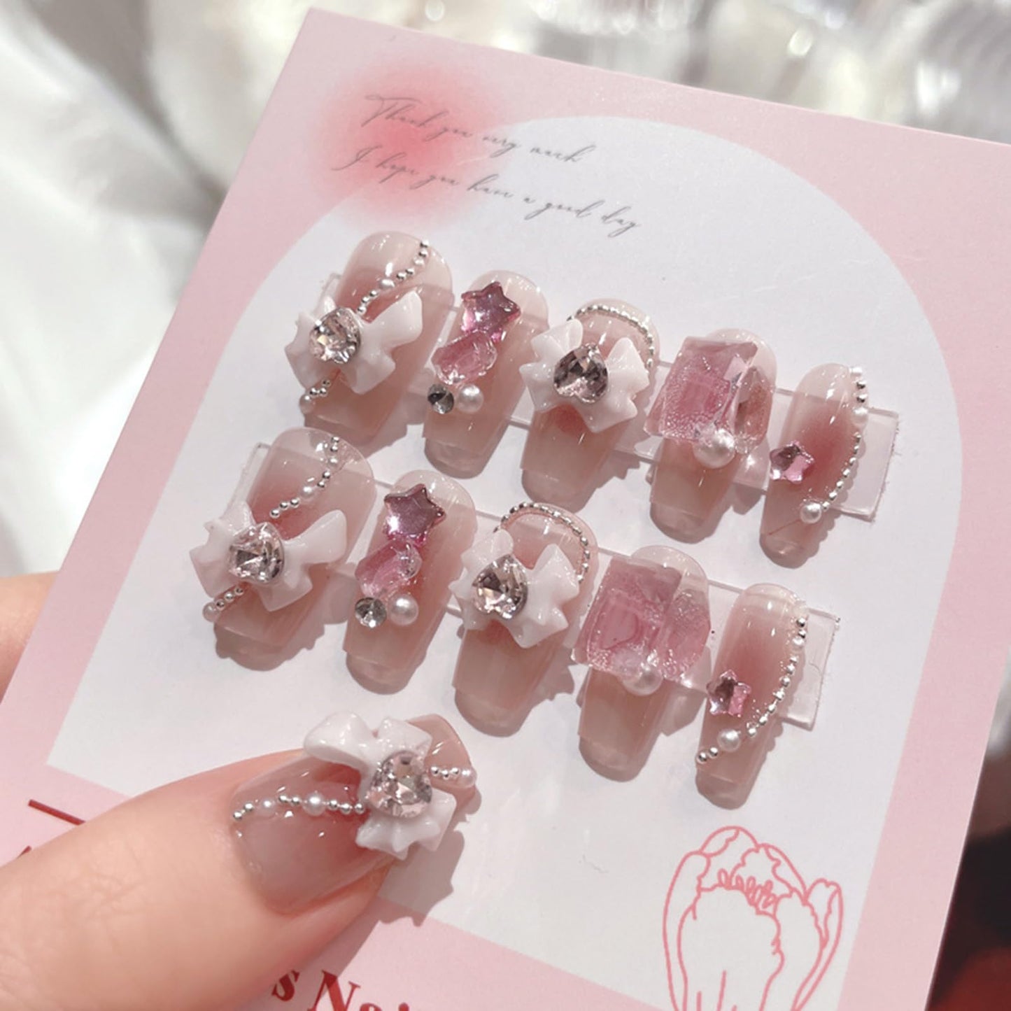 SINHOT Luxury Press on Nails - Medium Almond Fake Nails 3D Handmade Cute Star Reusable False Nails with Rhinestone Designs,DIY Artificial Nail Art, 24pcs