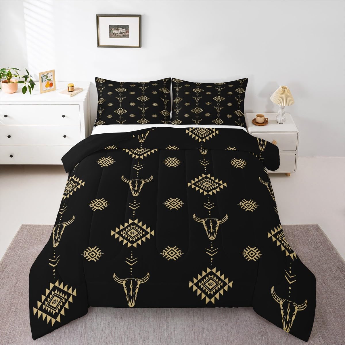 Castle Fairy Cow Skull Bed Comforter Set Queen Size,Aztec Bohemia Tribal Exotic Super Soft Microfiber Bedding Set for Girls Boys,Western Cowboy Black Gold Decorative Quilter Set 3 Pcs