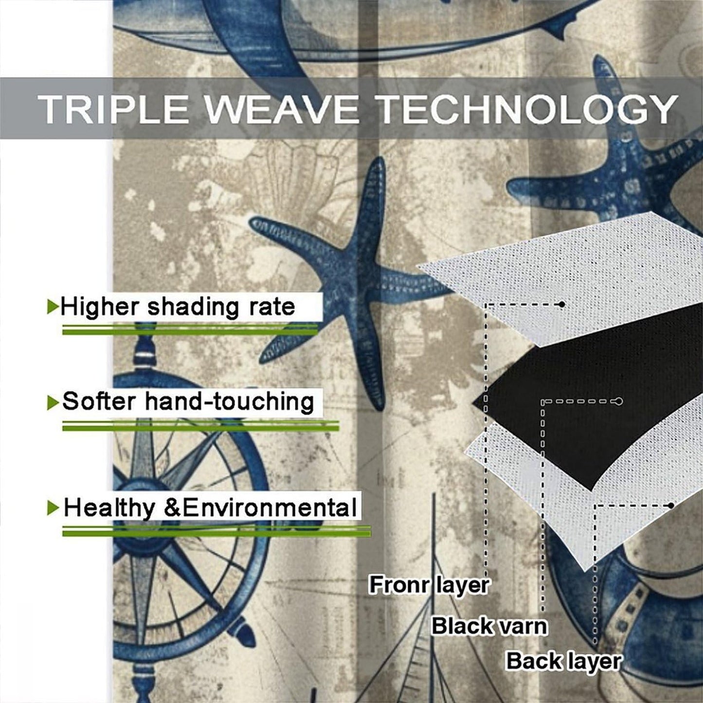 TOWINSFB Compass Sailboat Shark Blackout Curtains, Retro Nautical Ocean Starfish Home Decor Rod Pocket Window Drapes for Living Room Bedroom - 42" W x 45" L