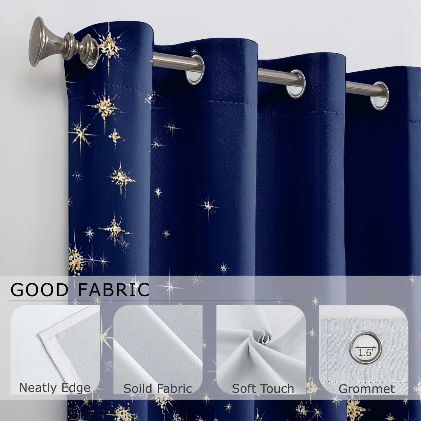 Solvivae Blue Curtains 63 Inch Length, Blue and Gold Luxury Blackout Curtains for Bedroom Living Room, Room Darkening Thermal Insulated Grommet Drapes, Patterned Window Treatments