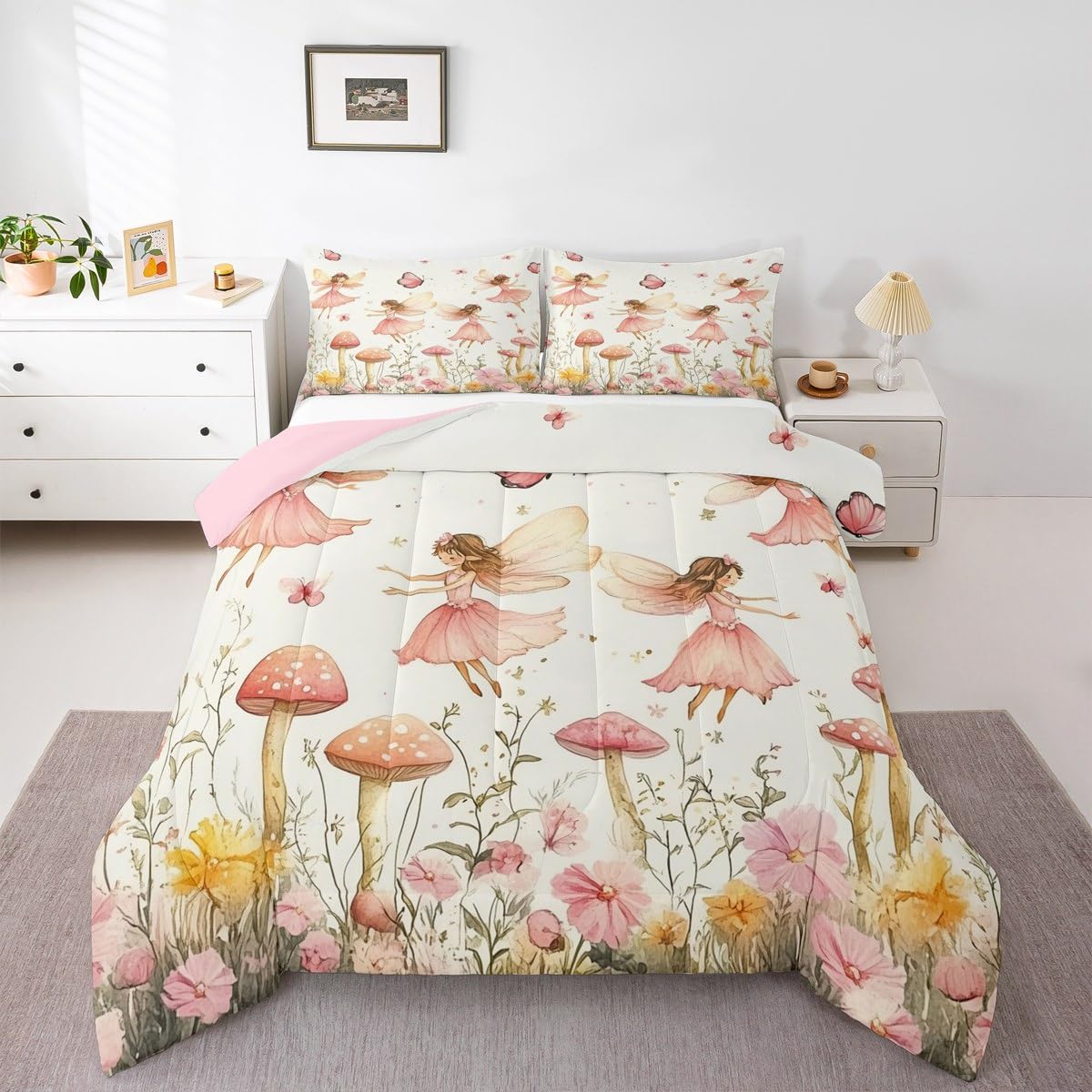 jejeloiu Fairy Kids Comforter Set Twin Size Floral Flower Fairies Bedding Set Enchanted Wonderland Duvet Quilt for Kids Boys Girls Bedroom Butterfly Decor Botanical Plants Ultra Soft Breathable