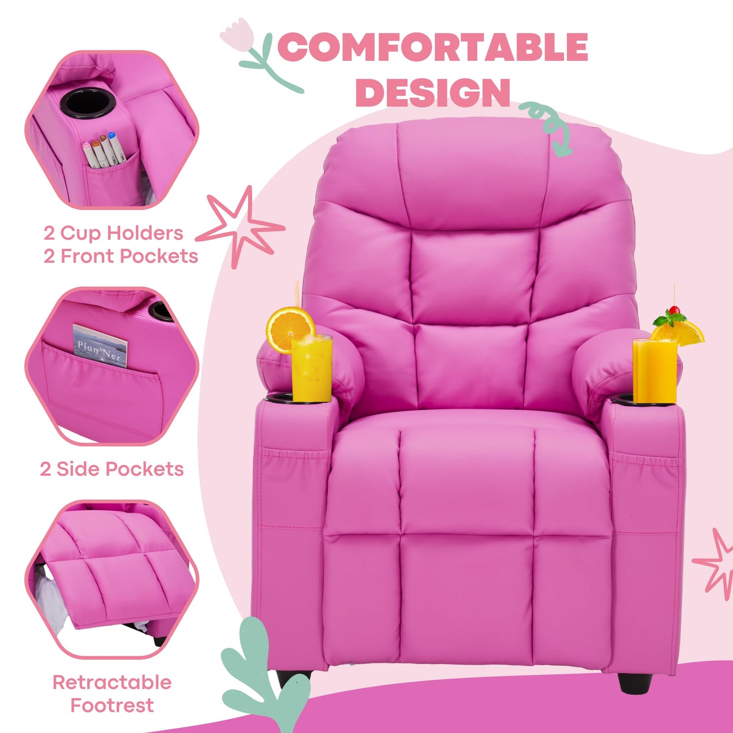 Donut Larger Kids Reclining Chair PU Leather Recliner Sofa Push Back Lounge Children Toddler Boys Girls Ages 3-12 with Dual Cup Holders and 4 Pockets