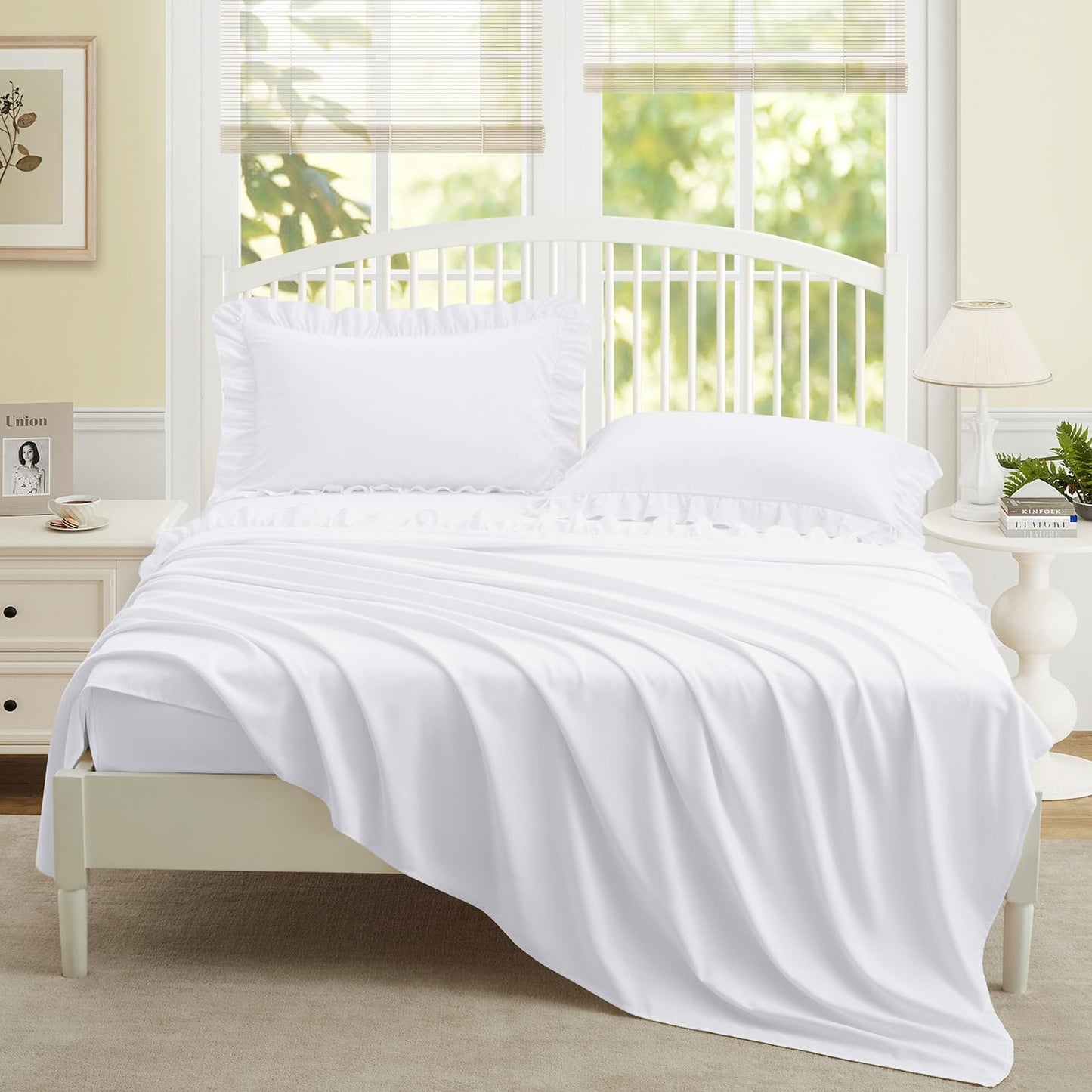 Yvrcen 3 Pieces Ruffle Twin Sheet Set, White Bed Sheets Twin Size, Microfiber Coquette White Sheets with 16 Inch Deep Pocket Fitted Sheet, 1 Ruffled Flat Sheet & 1 Ruffled Pillow Shams