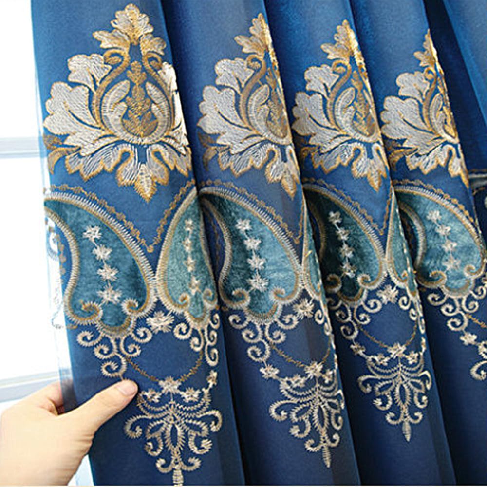 Amidoudou 1 Pair European Double Layer Curtains with Valances for Living Room Bedroom Luxury Embroidered Curtains (Blue,63x84 Inch)