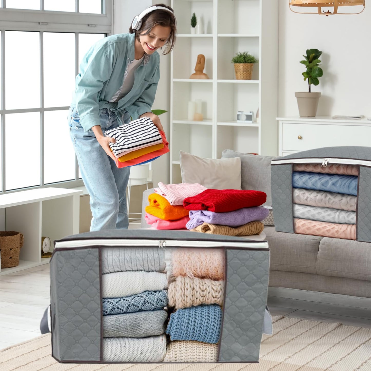 combocube 3Pcs Zippered Storage Bag for Closet King Comforter, pillow, quilt, bedding, Clothes, Blanket Organizers with Large Clear Window & Carry Handles Space Saver