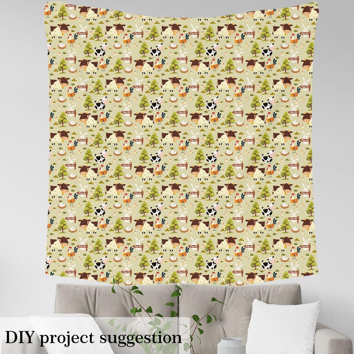 Cartoon Cow Fabric by The Yard Cute Chicken Rabbit Farm Animals No Stretch Sewing Fabric Watercolor Green Trees Rustic Farmhouse Soft Flannel Polyester Fabric for DIY Projects 1 Yard Pre-Cut,36x59