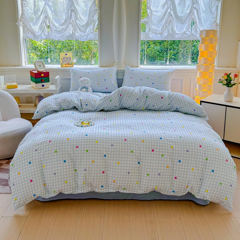 BlueBlue Blue Grid Duvet Cover Set Queen 100% Cotton Soft Lightweight Gauze Bedding Rainbow Polka Dot on Plaid 1 Abstract Geometric Full Comforter Cover 2 Pillow Shams, Queen