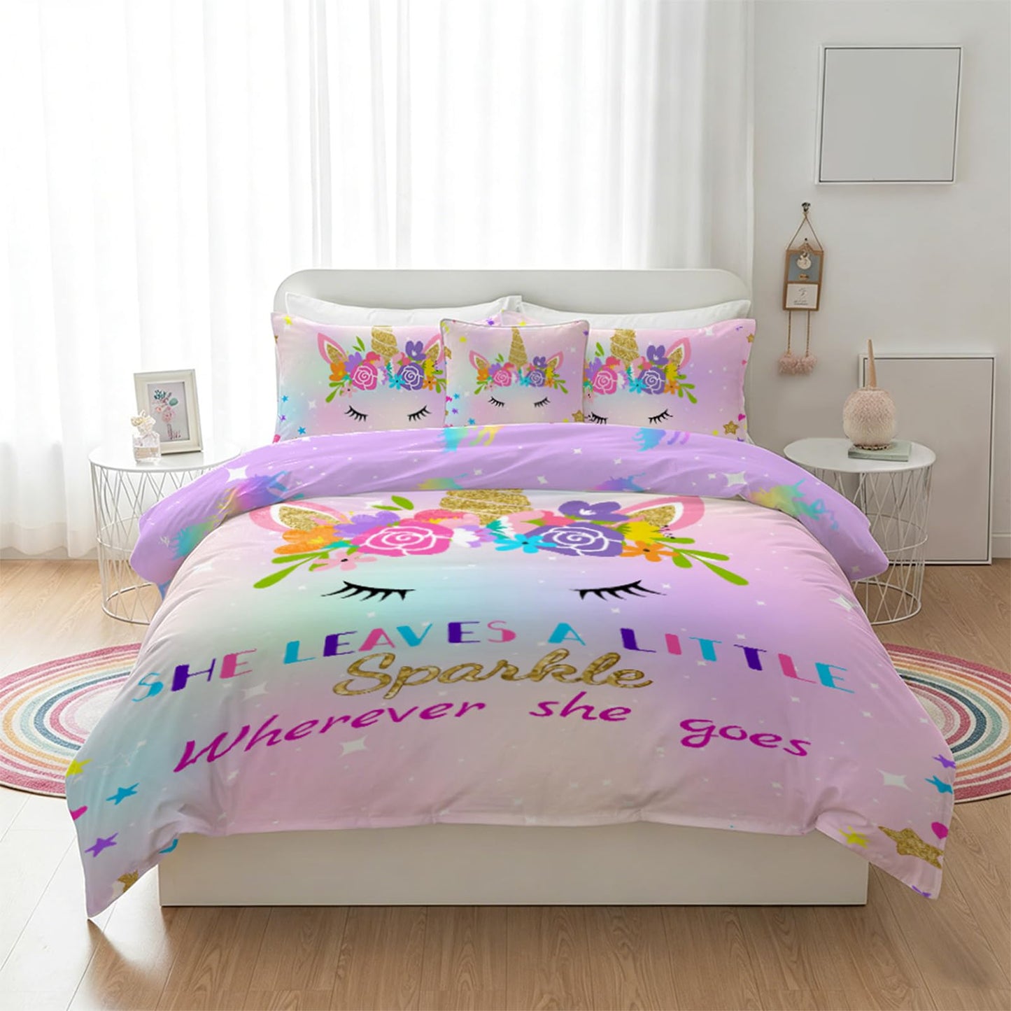Mfmiudole Unicorn Twin Bedding Sets for Girls, 6 Piece Bed in a Bag, 3D Unicorn Comforter Set for Girls & Boys with Comforter Sheets, Pillowcases & Shams, Lightweight, Breathable, Easy Care