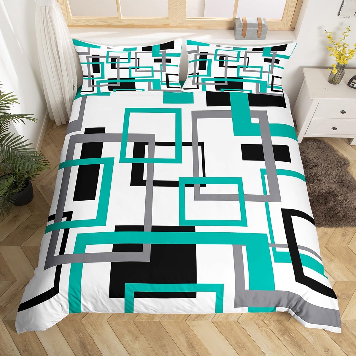 Erosebridal Square Duvet Cover for Teens Youth,Black White Blue Bedding Set,Geometric Comforter Cover Modern Bedroom Decor,Mid Century Grid Bed Sets with 2 Pillowcases Zipper&Ties,Queen