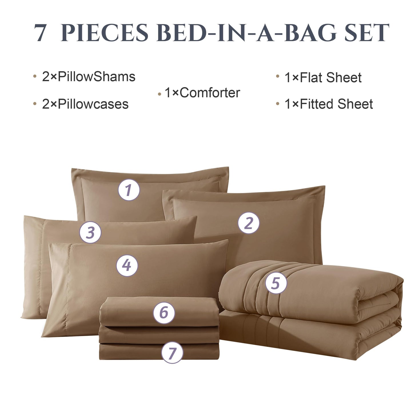 Monbix Queen Comforter Set - 7 Pieces Raw Umber Bed in a Bag Queen Bedding Sets with Comforters, All Seasons Comforter Bed Set with Sheets, Pillowcases & Shams