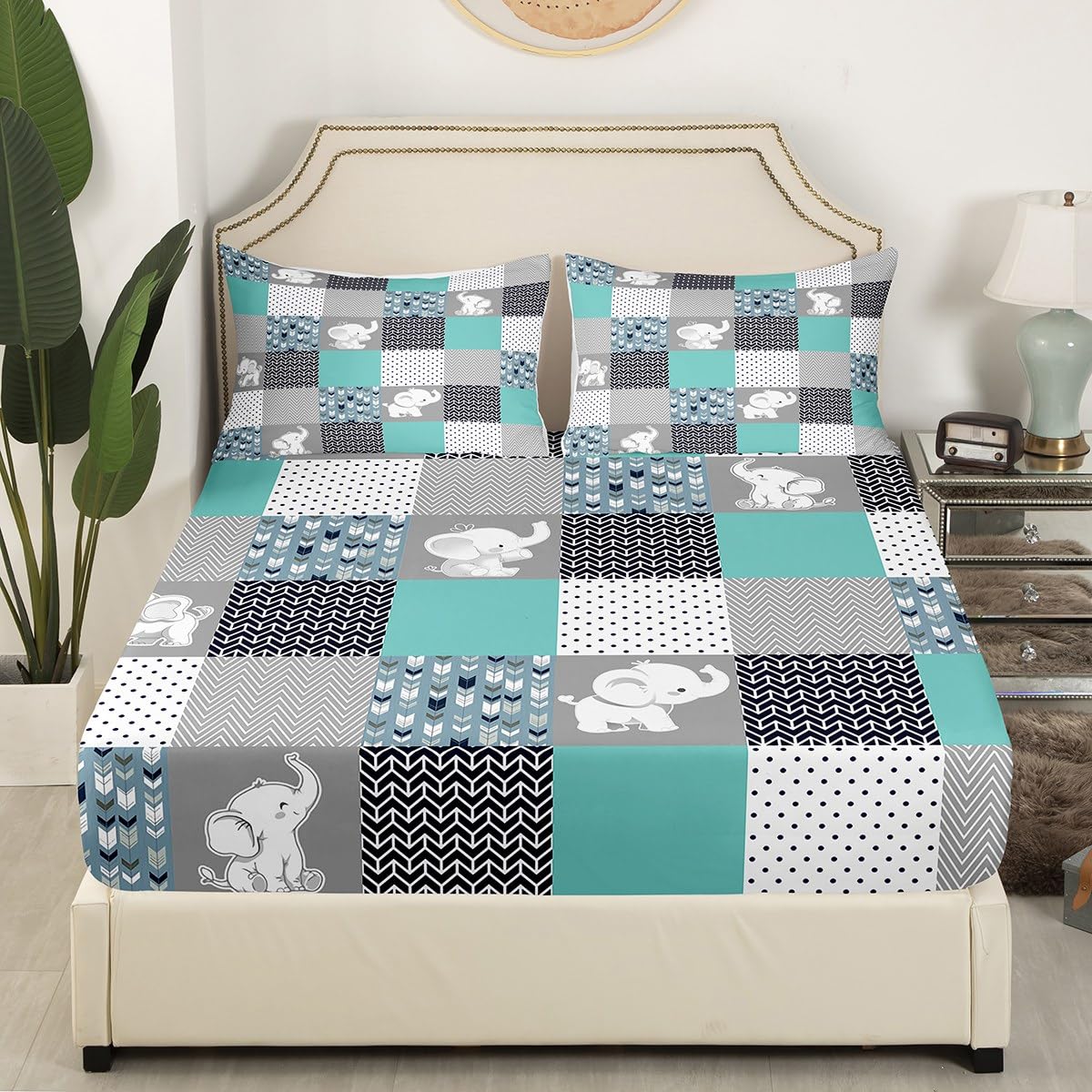 Cute Elephant Fitted Sheet,Full Size Wild Animals Pattern Collections Geometric Lattice Theme,Soft Decorative Fabric Bedding Deep Pocket for Children Teens Young Boys Girls,with 2 Pillowcases