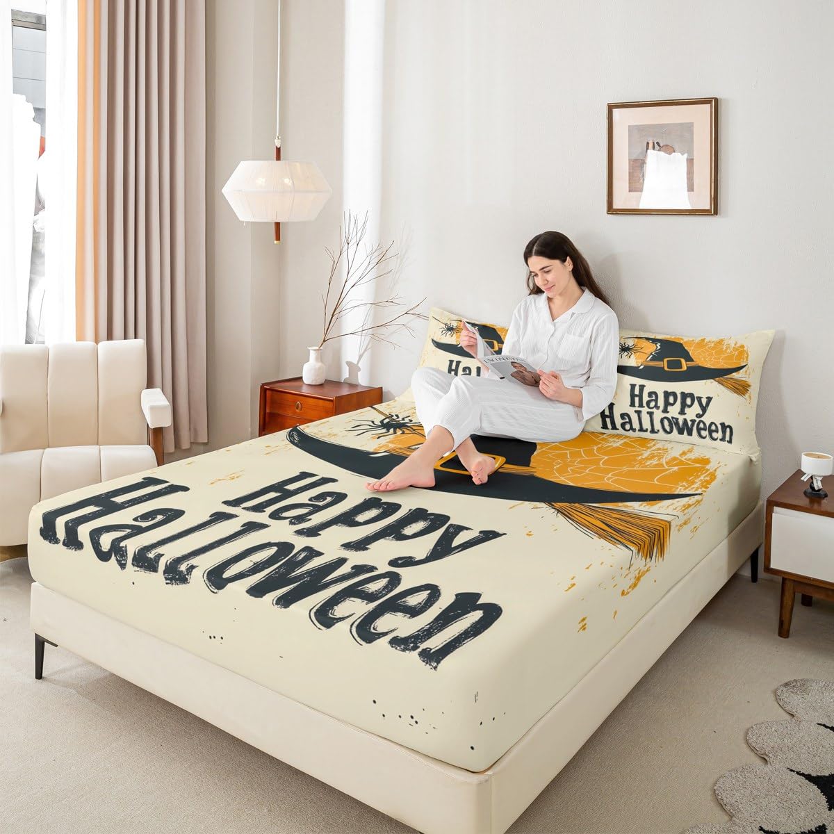 Feelyou Kids Happy Halloween Bedding Set Full Size, Witch Bed Sheet Set Boys Girls Spider Web Fitted Sheet Horror Decor Teens Bedroom Decor Lightweight Bed Set (No Flat Sheet)