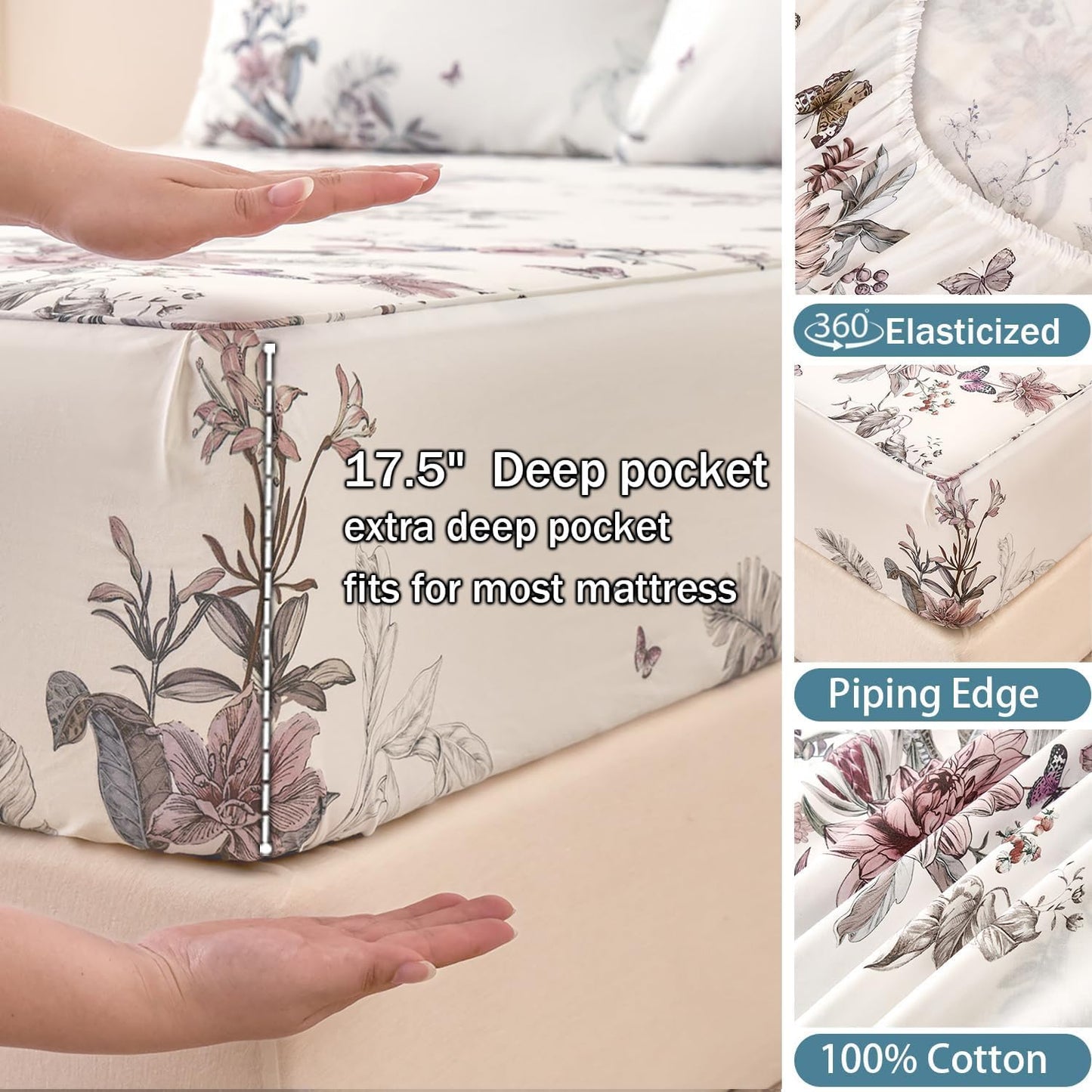Huborise Queen Size Sheet Set Dusty Rose Floral Bed Sheets 100% Cotton 4Pcs, Light Pink Flower & Butterfly Printed Bed Set with Deep Pocket 17.5", Soft Breathable & Crisp, Luxury French Country Style