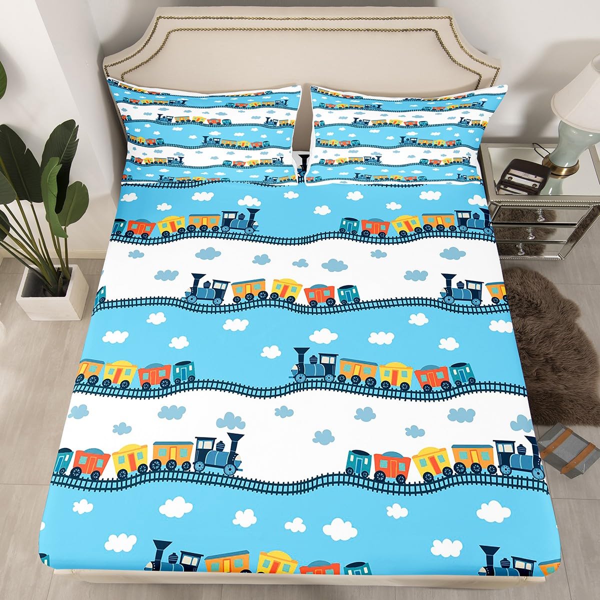 Erosebridal Kids Locomotive Train Sheet Set Queen,Cute Steam Engine Truck Sheets for Boys Girls Blue White Clouds Top Fitted Sheet Railway Car Vehicles Bed Sheets Set with 2 Pillowcases