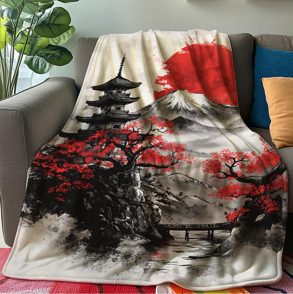 HUNXIAOJ Japanese Throw Blanket Japanese Gifts Cherry Blossom Blanket Japan Scenery Decor Warm Soft Flannel for Girls Boys Women Teens Adults Bed Sofa Couch (60 in x 80 in)