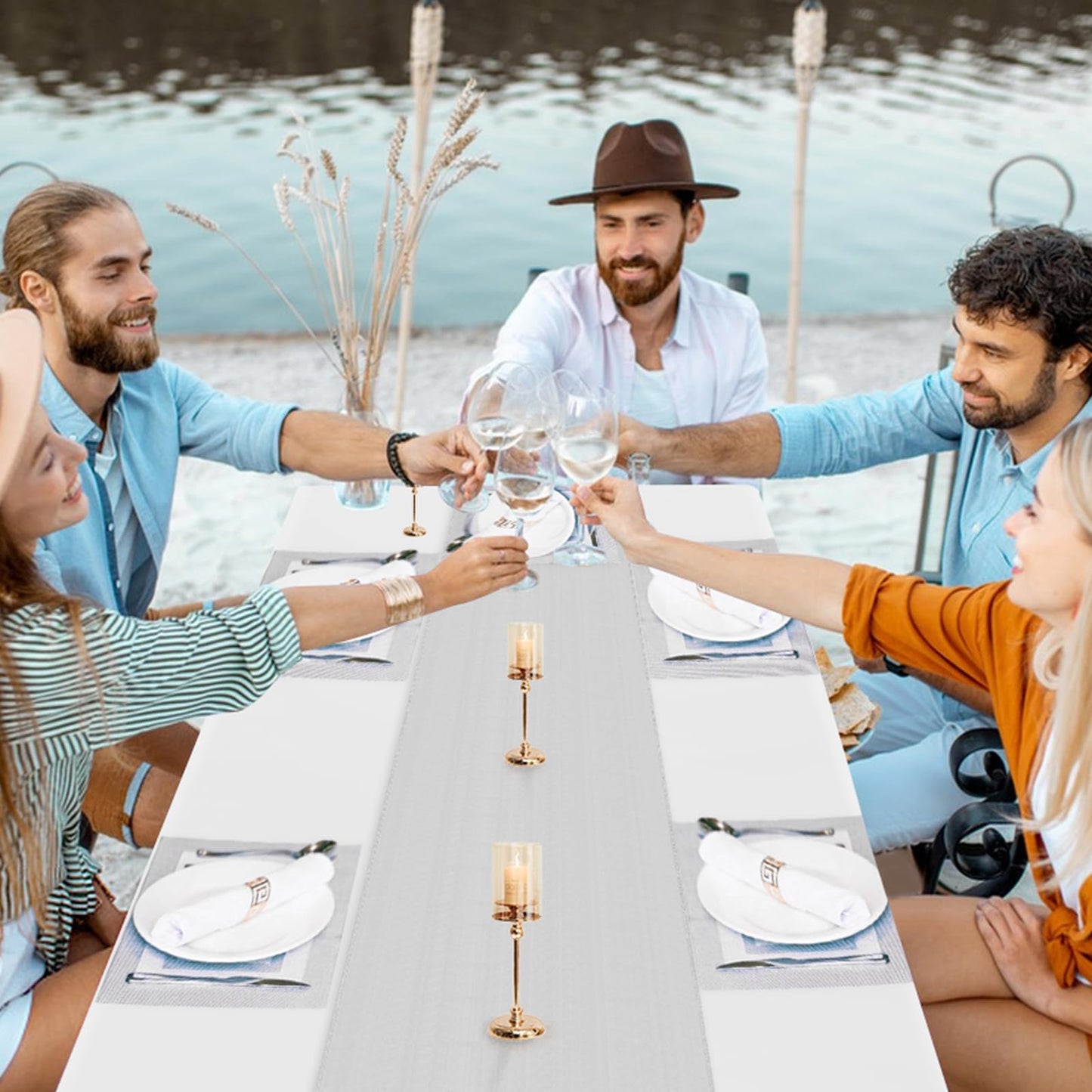 8 Packs Plastic Table Cloth Rectangle Table Disposable and Satin Table Runner, White and Silver Tablecloth Table Runner Cover for Baby Shower Birthday Wedding Anniversary Engagement Party Decorations