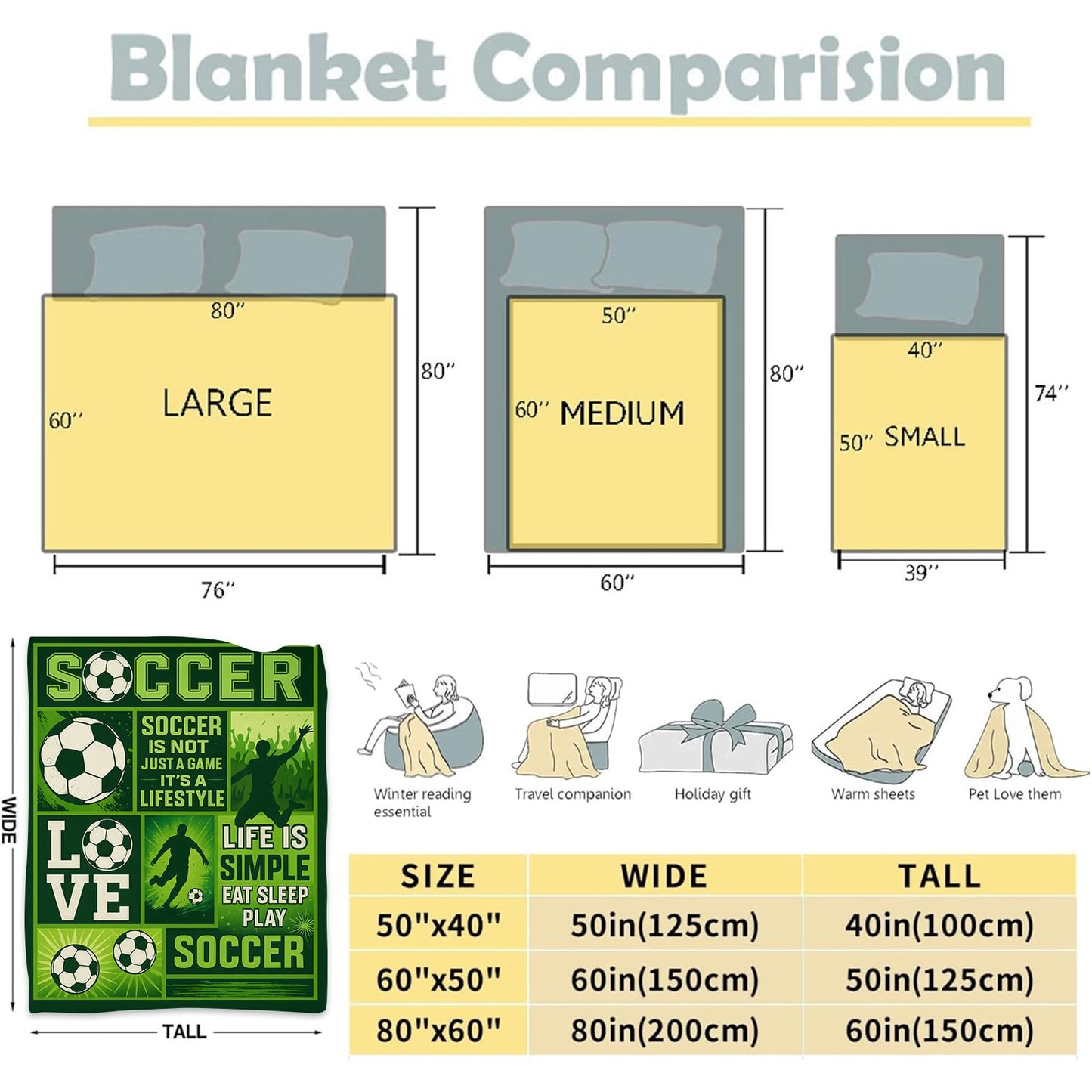 WKEDIN Sport Soccer Lifestyle Blanket,50x60in,Cozy Flannel Throw with Green and Black Graphic Balls Players Design,Soft Lightweight Gifts Blankets for Teens,Sofa Bed Travel Living Room Decor