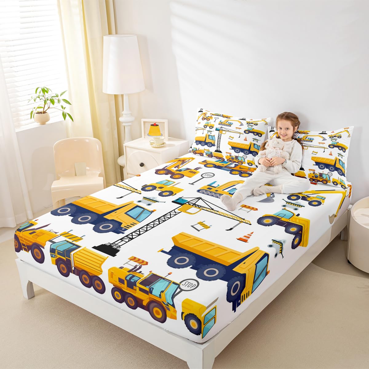 Erosebridal Kids Construction Bed Sheets Twin Excavator Truck Fitted Sheet for Boys Tractor Vehicle Toddler Bedding Sheets Cartoon Car Bed Set Yellow Blue 1 Pillow Case Child Room Decor