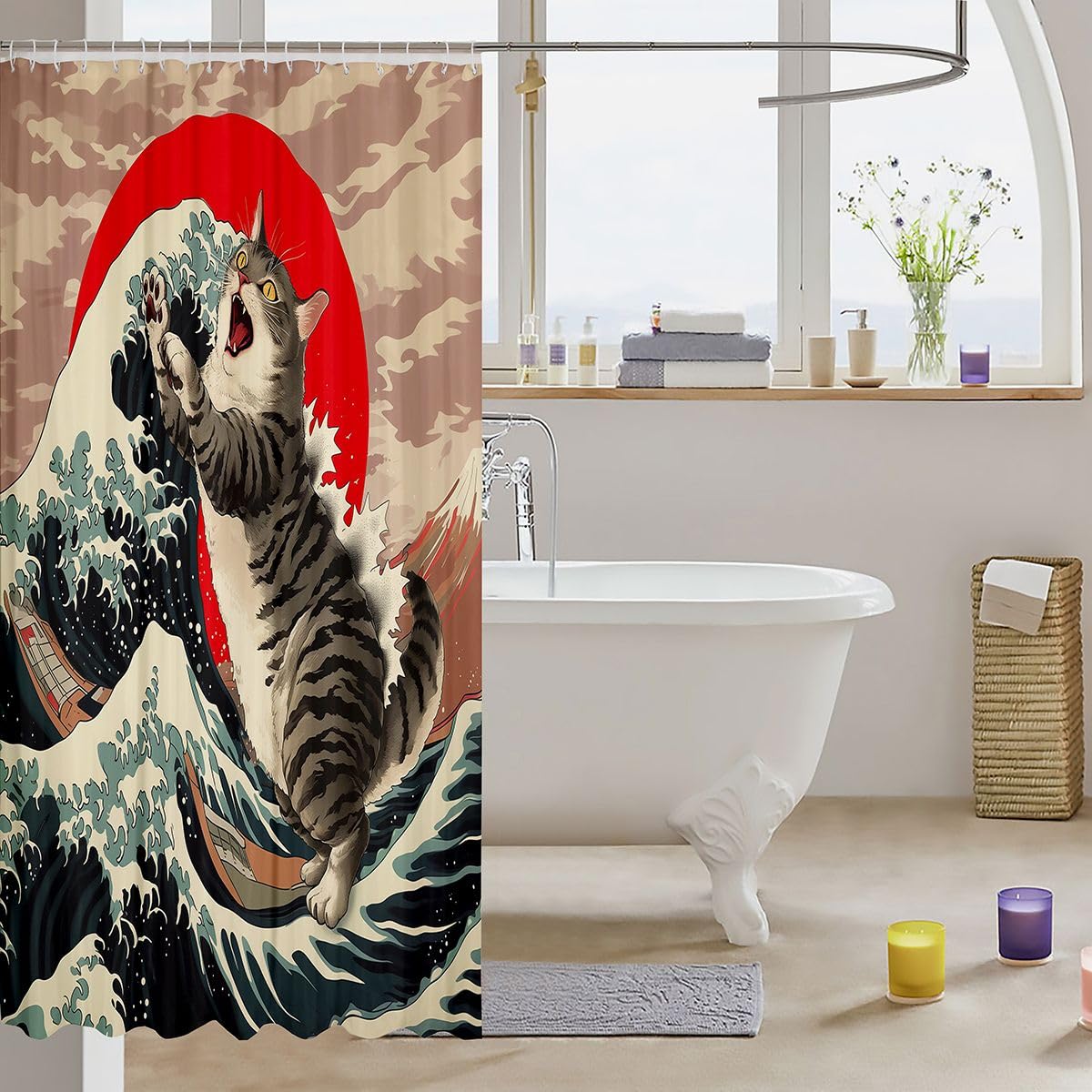 jejeloiu Japanese Wave Shower Curtain for Bathroom Decor Ukiyoe Theme Bath Curtain for Stalls Bathtubs Hokusai Pattern Bathroom Accessories Waterproof Polyester Fabric with 12 Hooks 72"x72"