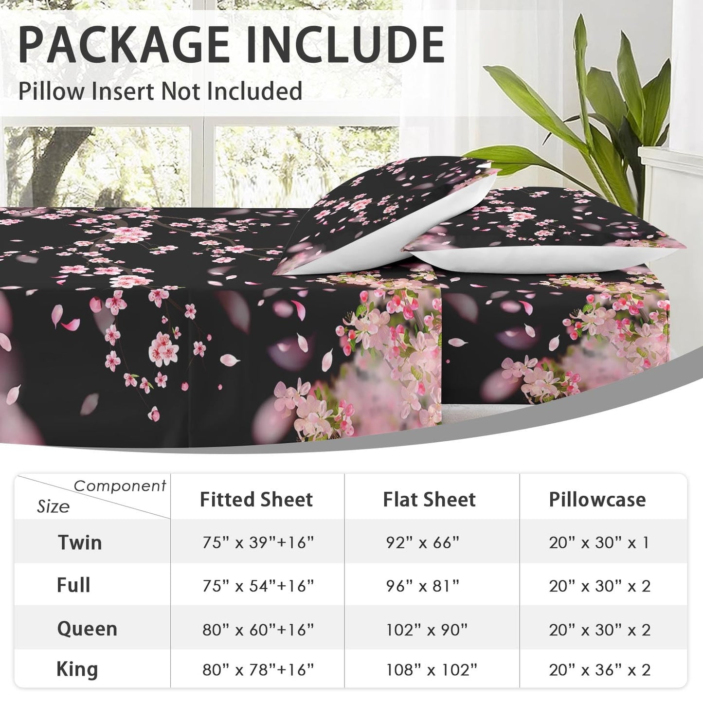 WeCozy Queen Size 4 Pcs Bed Fitted Sheet Set with 14" Deep Pocket, Blossom Cherry Flat Sheet Set for Kids and Adults, Pink Tree Flower Bedding with 2 Pillowcases for Bedroom Decor